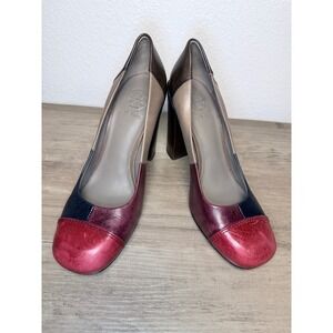Tory Burch Karen Colorblock Leather Block Heel Pumps Red Navy Tan Size 8.5M